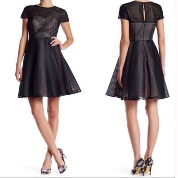 TED BAKER CARNIVA TEXTURED STRIPED FIT AMD FLARE BLACK COCKTAIL EVENING DRESS XL - Picture 1 of 13